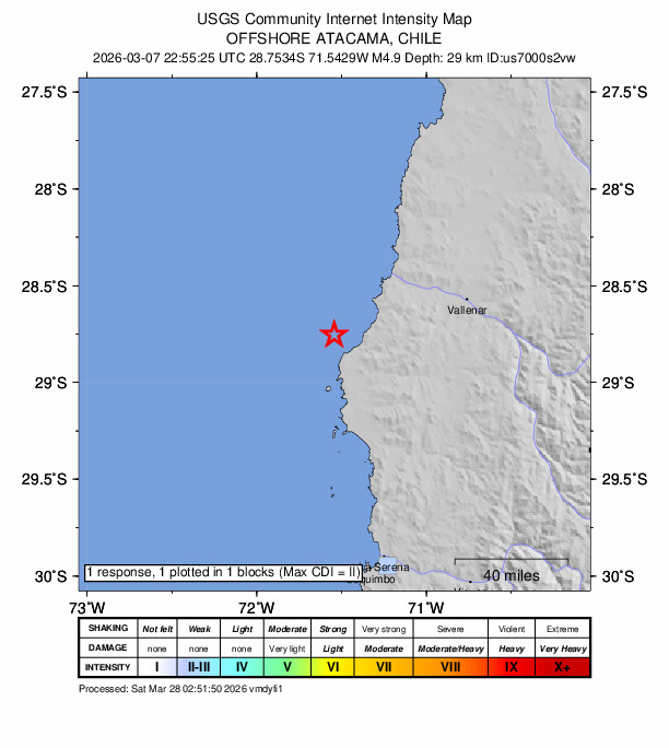 USGS DYFI community-reported intensity map for the M4.5 earthquake near 78 km WSW of Vallenar, Chile