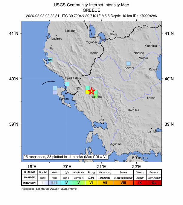 USGS DYFI community-reported intensity map for the M5.5 earthquake near 1 km NW of Rodotópi, Greece