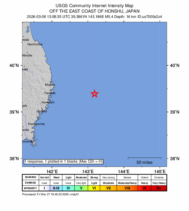 USGS DYFI community-reported intensity map for the M5.4 earthquake near 106 km E of Yamada, Japan