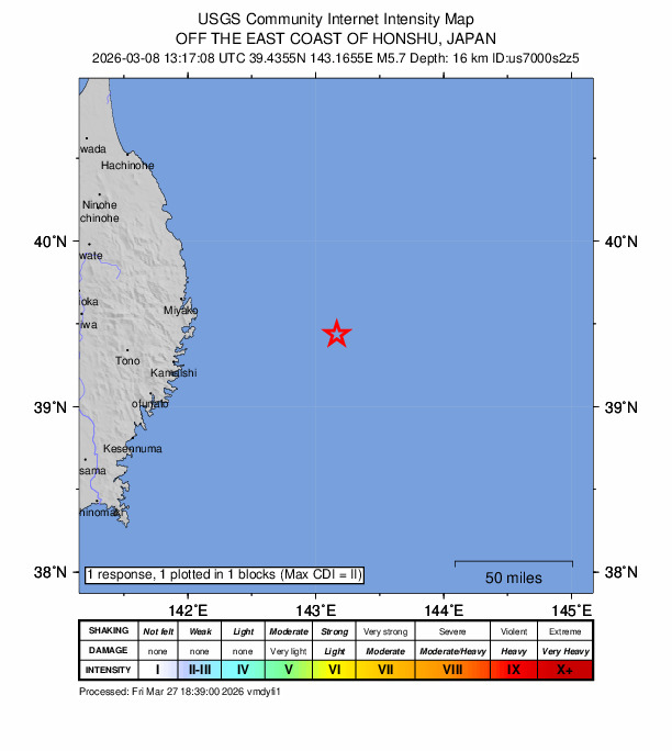 USGS DYFI community-reported intensity map for the M5.8 earthquake near 95 km E of Yamada, Japan