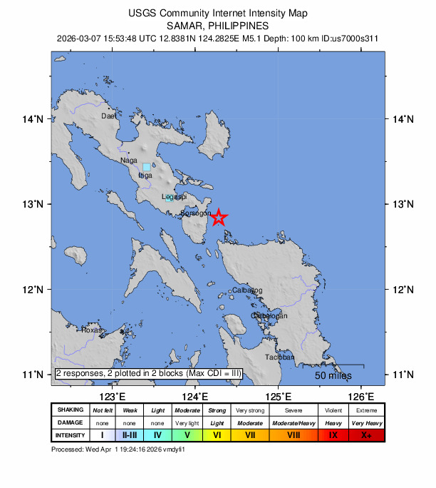 USGS DYFI community-reported intensity map for the M5.0 earthquake near 23 km N of Biri, Philippines