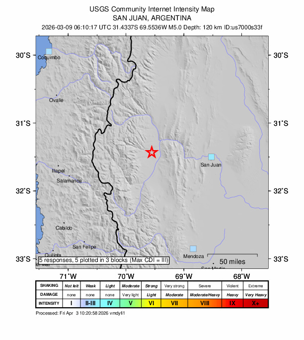 USGS DYFI community-reported intensity map for the M5.0 earthquake near 16 km SW of Calingasta, Argentina