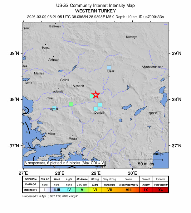 USGS DYFI community-reported intensity map for the M5.0 earthquake near 13 km W of Gözler, Turkey