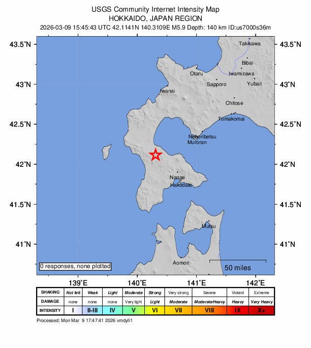 USGS DYFI community-reported intensity map for the M5.9 earthquake near 19 km NE of Otobe, Japan