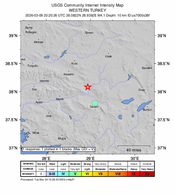 USGS DYFI community-reported intensity map for the M4.1 earthquake near 10 km ENE of Buldan, Turkey