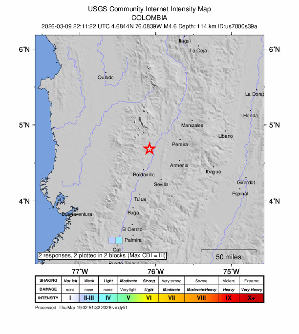 USGS DYFI community-reported intensity map for the M4.6 earthquake near 5 km SE of Argelia, Colombia