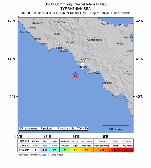 USGS DYFI community-reported intensity map for the M6.0 earthquake near 16 km SSE of Sant'Angelo, Italy