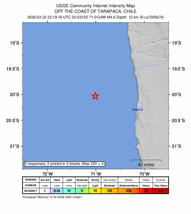 USGS DYFI community-reported intensity map for the M4.6 earthquake near 92 km WNW of Puerto, Chile