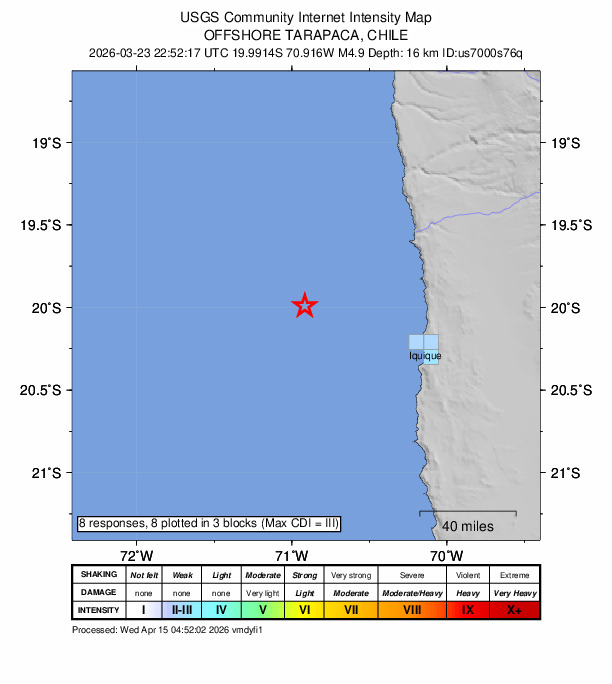 USGS DYFI community-reported intensity map for the M4.9 earthquake near 83 km WNW of Puerto, Chile