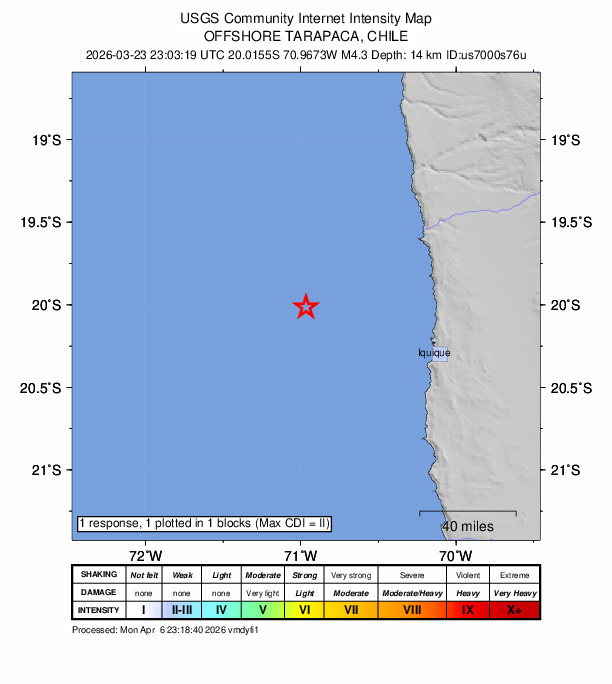 USGS DYFI community-reported intensity map for the M4.3 earthquake near 87 km WNW of Puerto, Chile