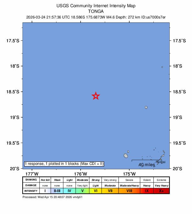 USGS DYFI community-reported intensity map for the M4.6 earthquake near 179 km W of Neiafu, Tonga