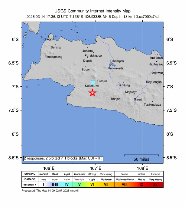 USGS DYFI community-reported intensity map for the M4.5 earthquake near 24 km S of Sukabumi, Indonesia