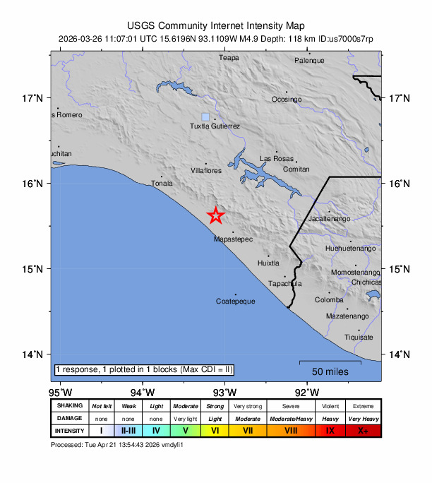 USGS DYFI community-reported intensity map for the M4.9 earthquake near 5 km NNE of El Carmen, Mexico