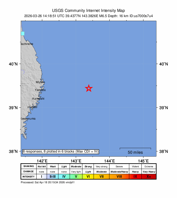 USGS DYFI community-reported intensity map for the M6.5 earthquake near 123 km E of Yamada, Japan