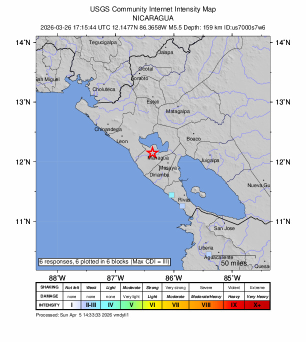 USGS DYFI community-reported intensity map for the M5.5 earthquake near 2 km WSW of Ciudad Sandino, Nicaragua