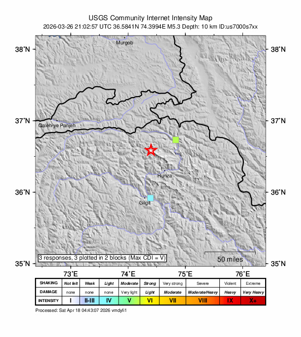 USGS DYFI community-reported intensity map for the M5.1 earthquake near 39 km NW of Barishal, Pakistan