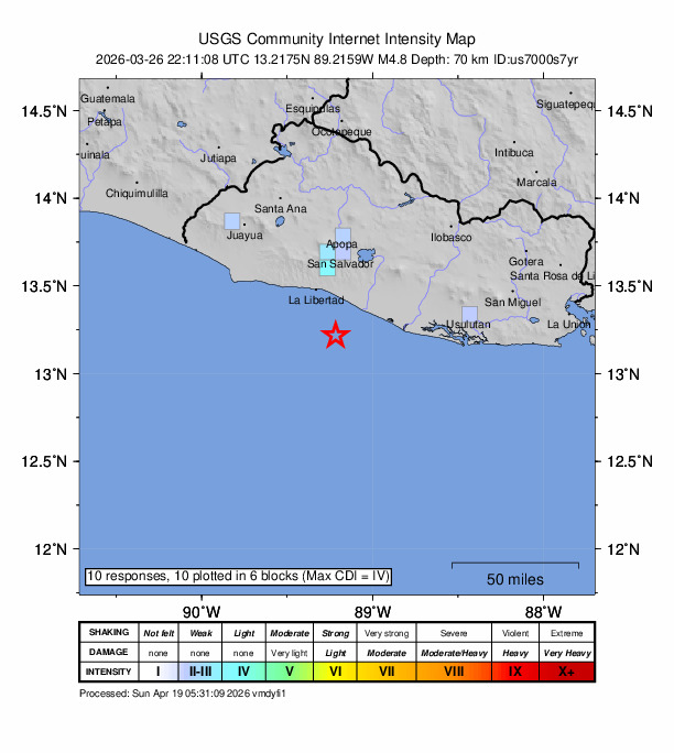 USGS DYFI community-reported intensity map for the M4.8 earthquake near 32 km SSE of La Libertad, El Salvador