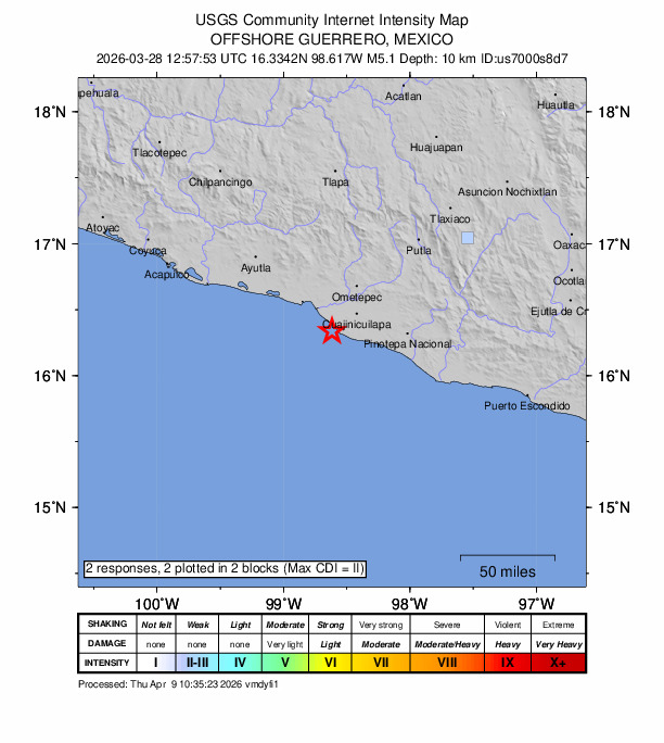 USGS DYFI community-reported intensity map for the M5.1 earthquake near 13 km SW of San Nicolás, Mexico