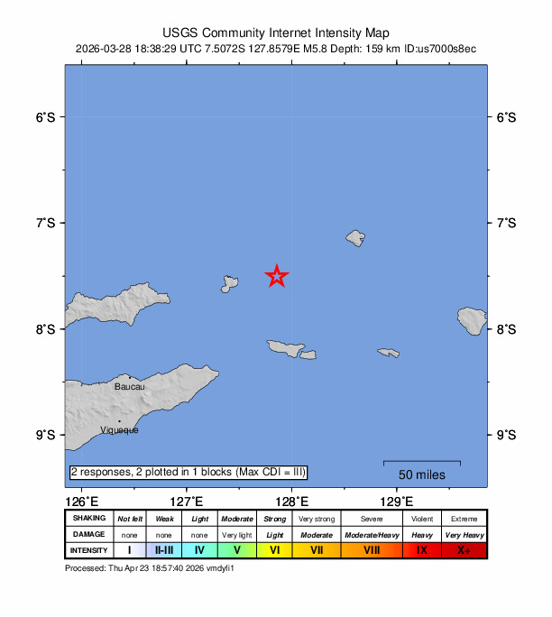 USGS DYFI community-reported intensity map for the M5.8 earthquake near 146 km NE of Lospalos, Timor Leste