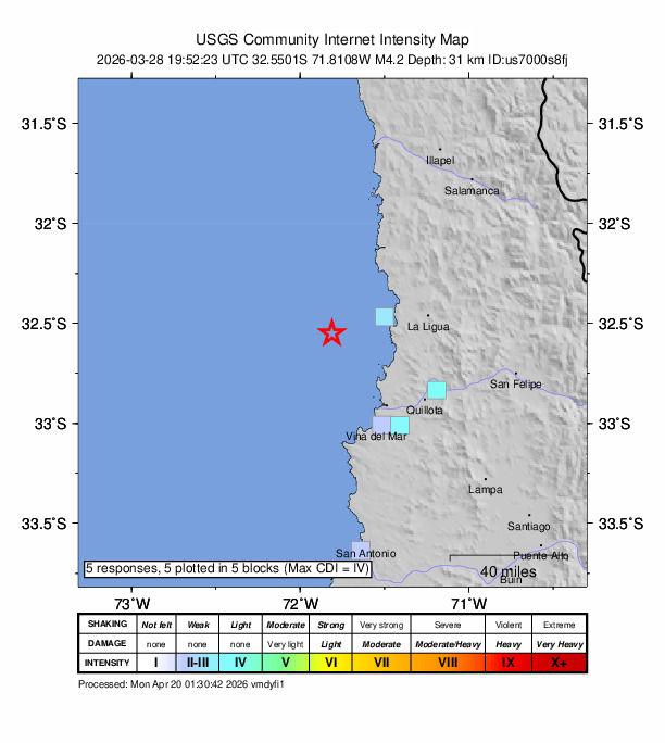 USGS DYFI community-reported intensity map for the M4.2 earthquake near 55 km W of La Ligua, Chile