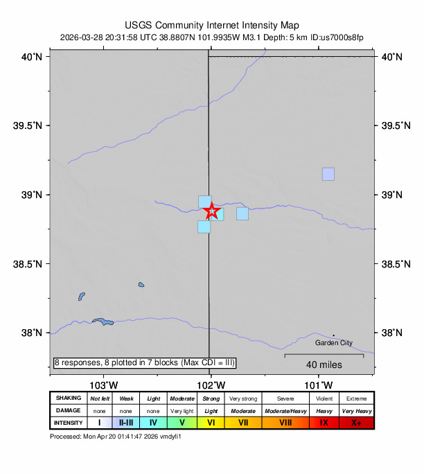 USGS DYFI community-reported intensity map for the M3.1 earthquake near 2 km NW of Weskan, Kansas