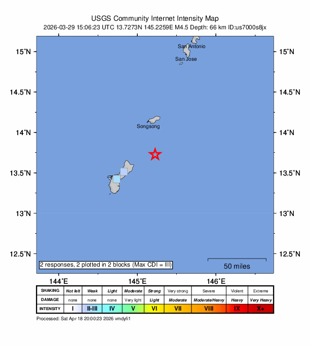USGS DYFI community-reported intensity map for the M4.5 earthquake near 42 km ENE of Yigo Village, Guam