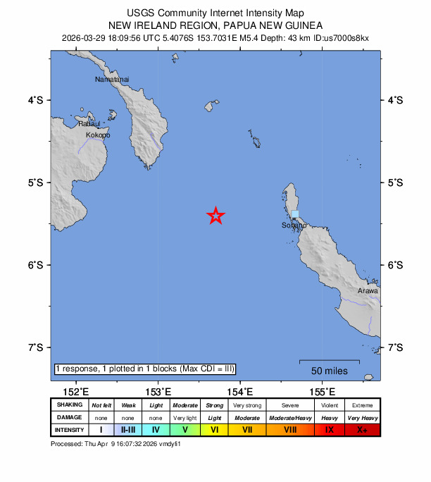 USGS DYFI community-reported intensity map for the M5.4 earthquake near 200 km SE of Kokopo, Papua New Guinea