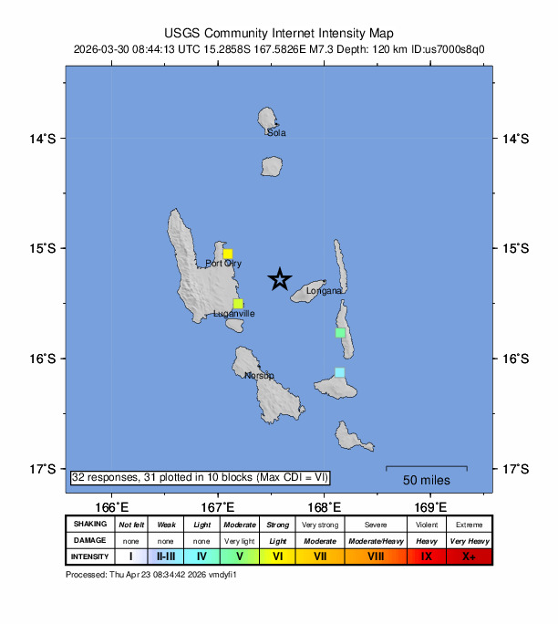 USGS DYFI community-reported intensity map for the M7.3 earthquake near 51 km ENE of Luganville, Vanuatu