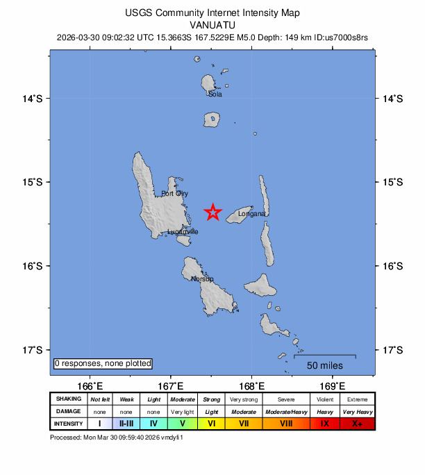 USGS DYFI community-reported intensity map for the M5.1 earthquake near 53 km ENE of Luganville, Vanuatu