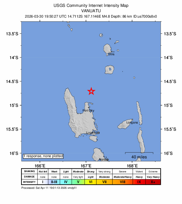 USGS DYFI community-reported intensity map for the M4.8 earthquake near 36 km N of Port-Olry, Vanuatu