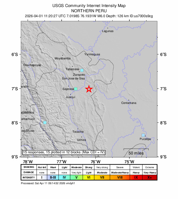 USGS DYFI community-reported intensity map for the M6.0 earthquake near 19 km SE of Picota, Peru