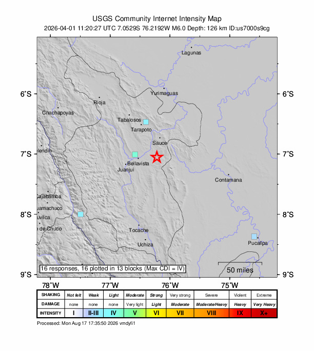 USGS DYFI community-reported intensity map for the M6.0 earthquake near 19 km SE of Picota, Peru