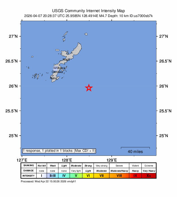 USGS DYFI community-reported intensity map for the M4.7 earthquake near 74 km SE of Katsuren-haebaru, Japan