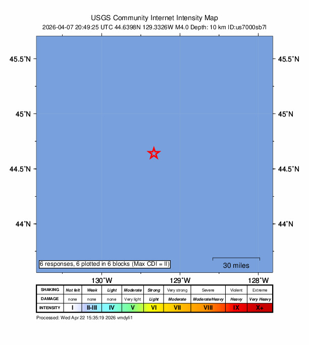 USGS DYFI community-reported intensity map for the M4.0 earthquake near off the coast of Oregon