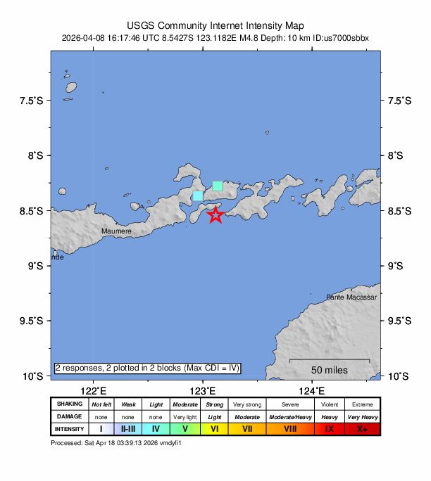 USGS DYFI community-reported intensity map for the M4.8 earthquake near 100 km E of Maumere, Indonesia