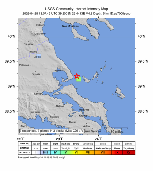 USGS DYFI community-reported intensity map for the M4.8 earthquake near 7 km W of Skiáthos, Greece