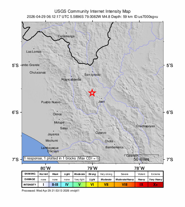 USGS DYFI community-reported intensity map for the M4.8 earthquake near 20 km E of Sallique, Peru