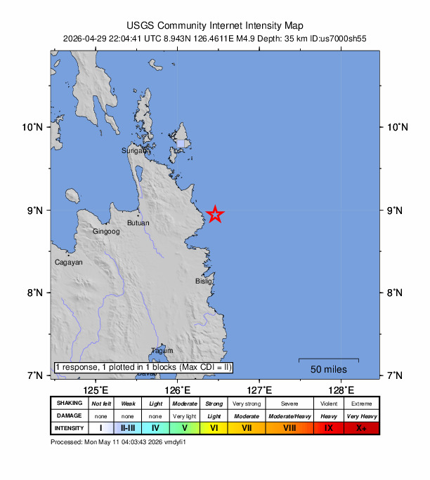 USGS DYFI community-reported intensity map for the M5.0 earthquake near 20 km ENE of Aras-asan, Philippines