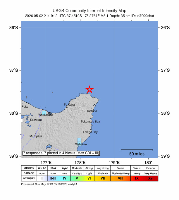 USGS DYFI community-reported intensity map for the M5.0 earthquake near 17 km NNW of Hicks Bay, New Zealand