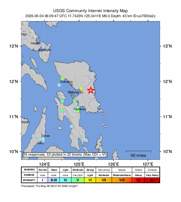 USGS DYFI community-reported intensity map for the M6.0 earthquake near 10 km WSW of Nena, Philippines
