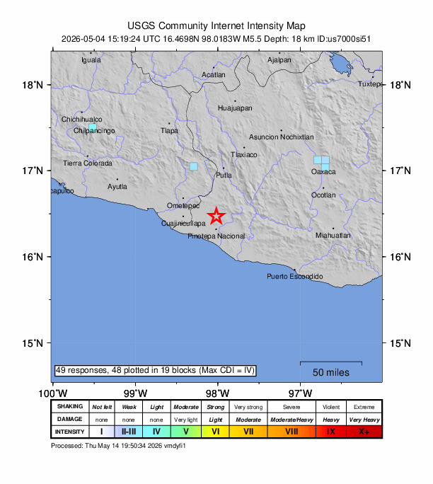 USGS DYFI community-reported intensity map for the M5.5 earthquake near 0 km SW of San Juan Jicayán, Mexico