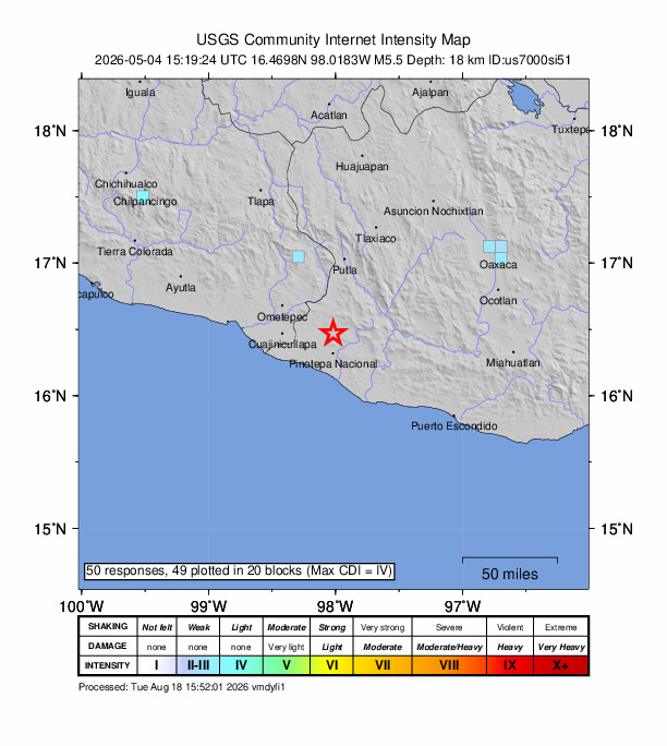 USGS DYFI community-reported intensity map for the M5.5 earthquake near 0 km SW of San Juan Jicayán, Mexico