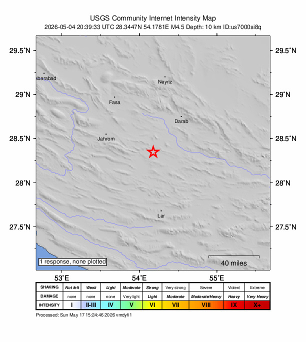 USGS DYFI community-reported intensity map for the M4.5 earthquake near 57 km SW of Dārāb, Iran