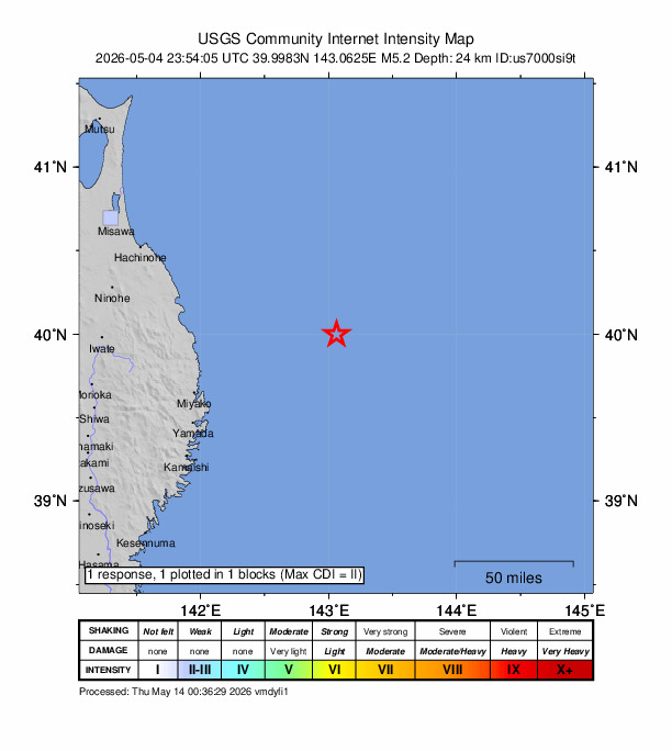 USGS DYFI community-reported intensity map for the M5.2 earthquake near 103 km ENE of Miyako, Japan