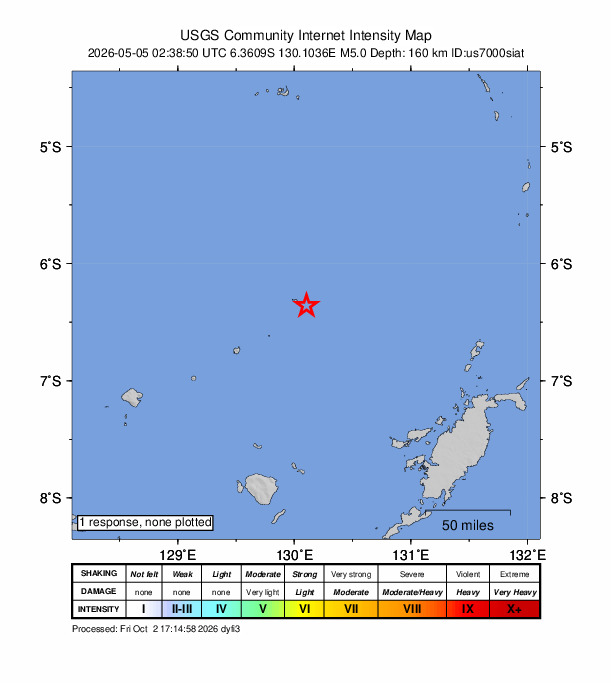 USGS DYFI community-reported intensity map for the M5.0 earthquake near Banda Sea