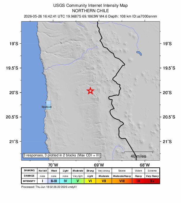 USGS DYFI community-reported intensity map for the M4.6 earthquake near 61 km E of Huara, Chile