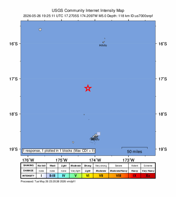 USGS DYFI community-reported intensity map for the M5.0 earthquake near 153 km N of Neiafu, Tonga
