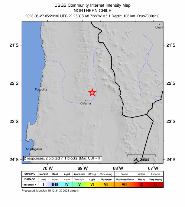 USGS DYFI community-reported intensity map for the M5.1 earthquake near 27 km NE of Calama, Chile