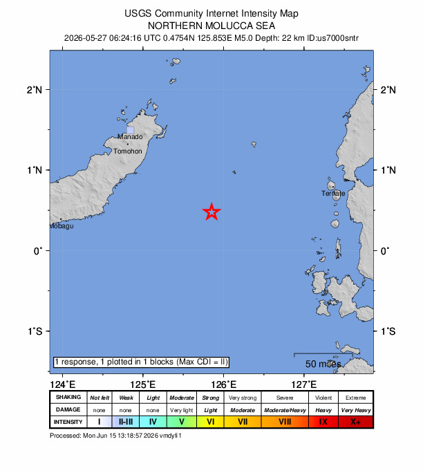 USGS DYFI community-reported intensity map for the M5.0 earthquake near 134 km SE of Bitung, Indonesia