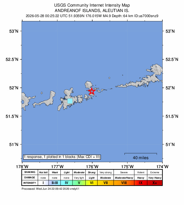 USGS DYFI community-reported intensity map for the M4.9 earthquake near 43 km E of Adak, Alaska